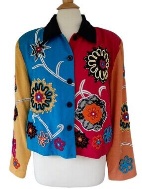Vtg TUNIQUE Colorblock Floral Embroidered Cropped Cotton Jacket Multicolor Sz L